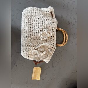 Patricia Nash Cantinella Crochet Hand Bag Natural Bamboo Leather Crossbody Purse